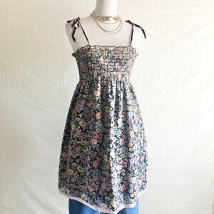 Vintage 90s Popcorn Fashions Floral Smocked Babydoll Mini Dress Black Size M